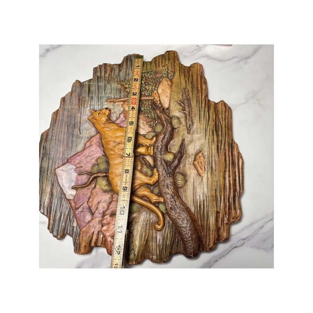 Vintage 3D Mountain Lion Relief Wall Plaque Rustic Wildlife Cabin Decor 12.5in